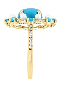 Diamond, Freshwater Pearl and Turquoise Ring in 14K Yellow Gold