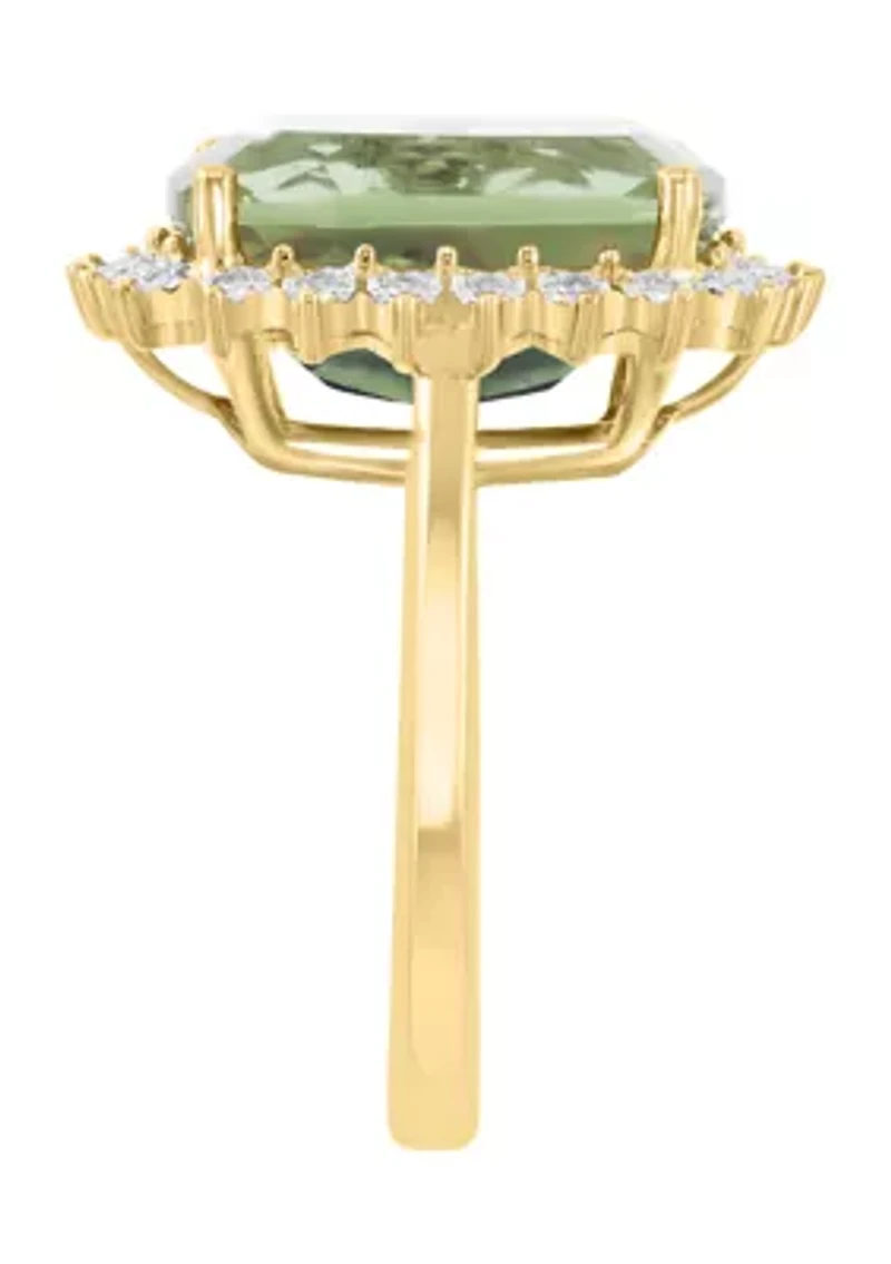 14K Yellow Gold Diamond, Green Amethyst Ring