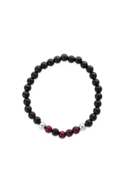 Black and Red Tiger Eye and Meteorite Beads Stretch Bracelet