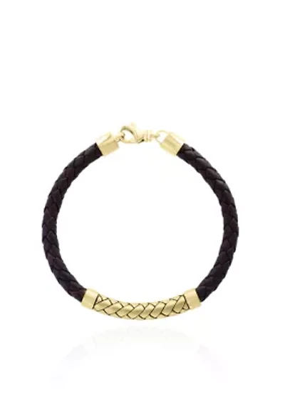 18K Yellow Gold Plating over Sterling Silver Leather Bracelet