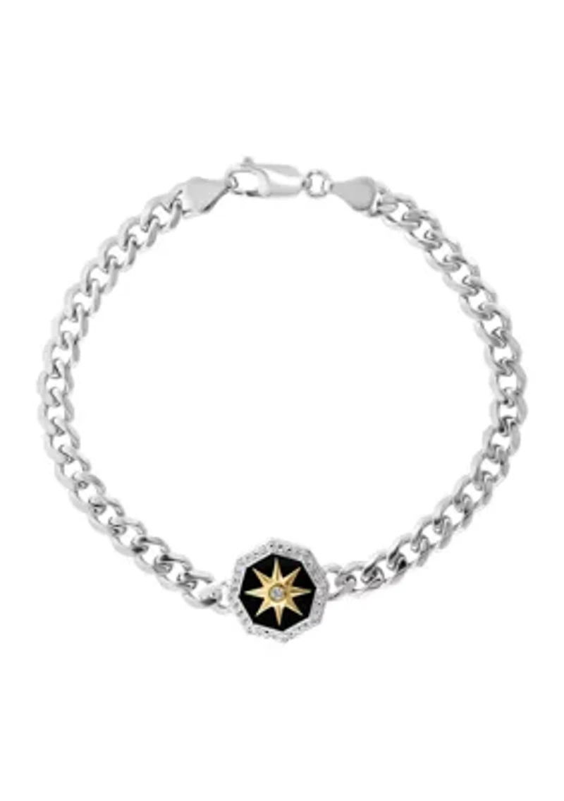 Men's White Sapphire and Onyx Compass Bracelet in Sterling Silver