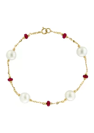 Fresh Water Pearl Ruby Bracelet in 14K Yellow Gold