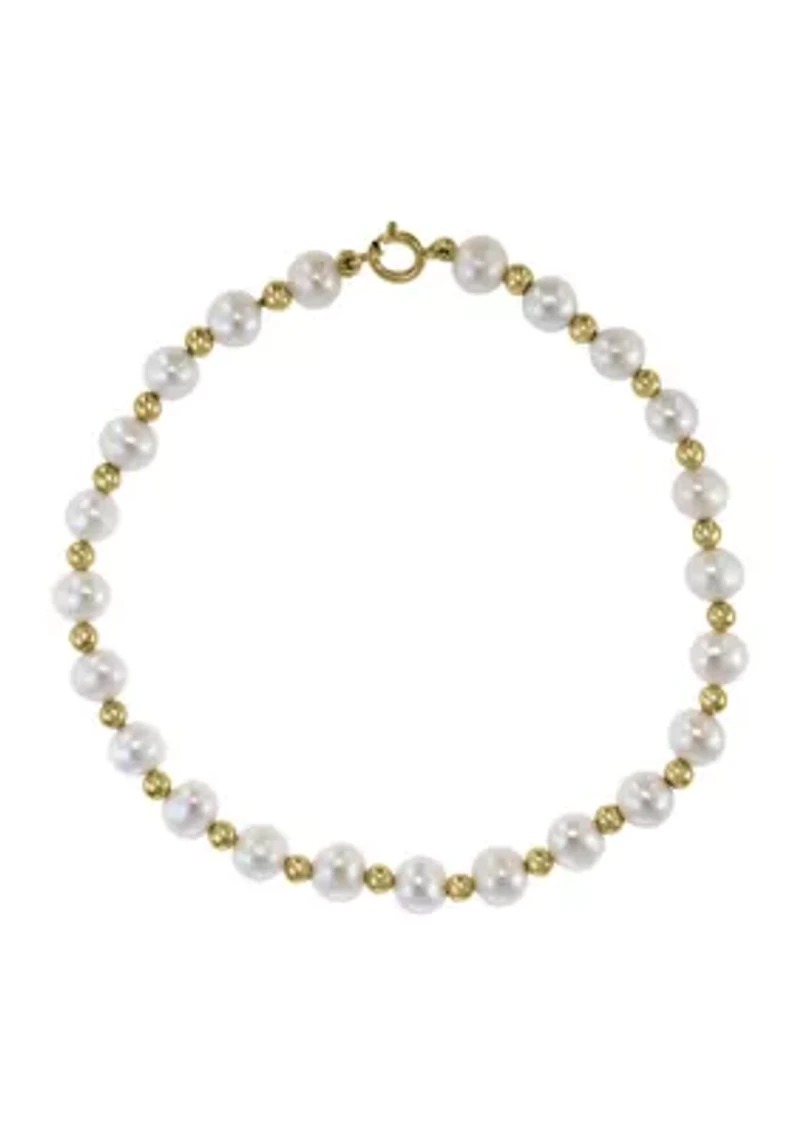14K Yellow Gold Freshwater Pearl and Gold Bead 7.5 Inch Bracelet