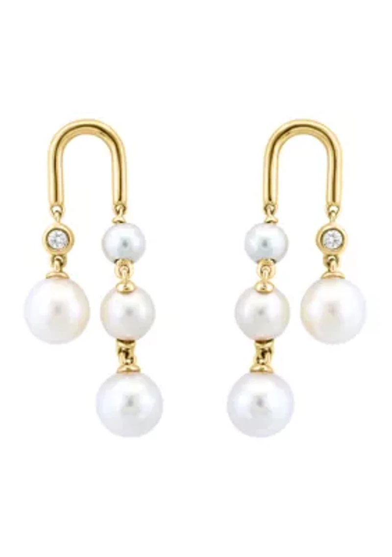 14K Yellow Gold Diamond Fresh Water Pearl Earrings