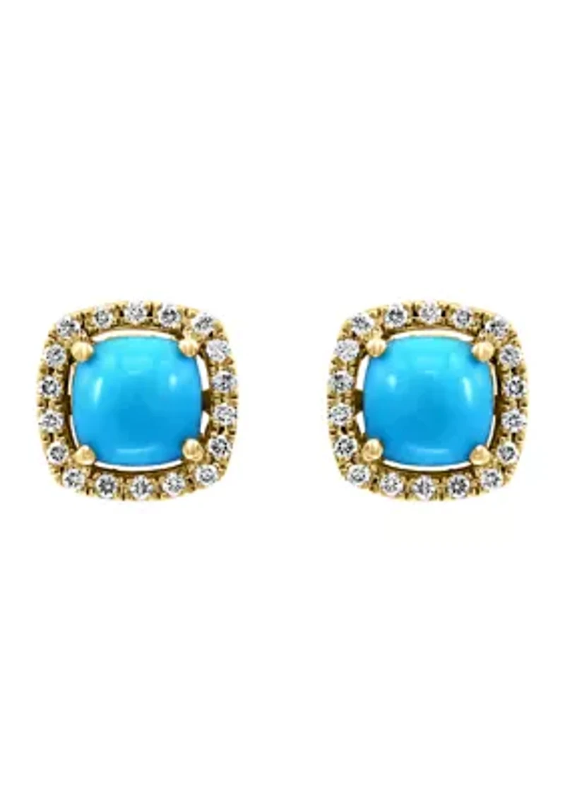 1/5 ct. t.w. Diamond and Turquoise Stud Earrings in 14K Yellow Gold