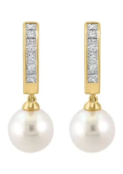 Freshwater Pearl and Diamond Earrings in 14K Yellow Gold