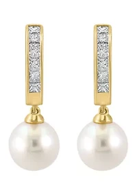 Freshwater Pearl and Diamond Earrings in 14K Yellow Gold