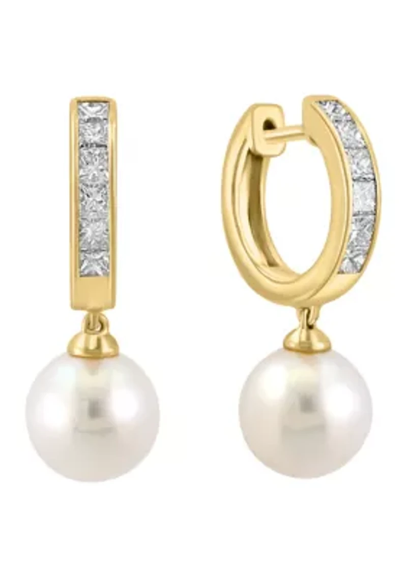Freshwater Pearl and Diamond Earrings in 14K Yellow Gold