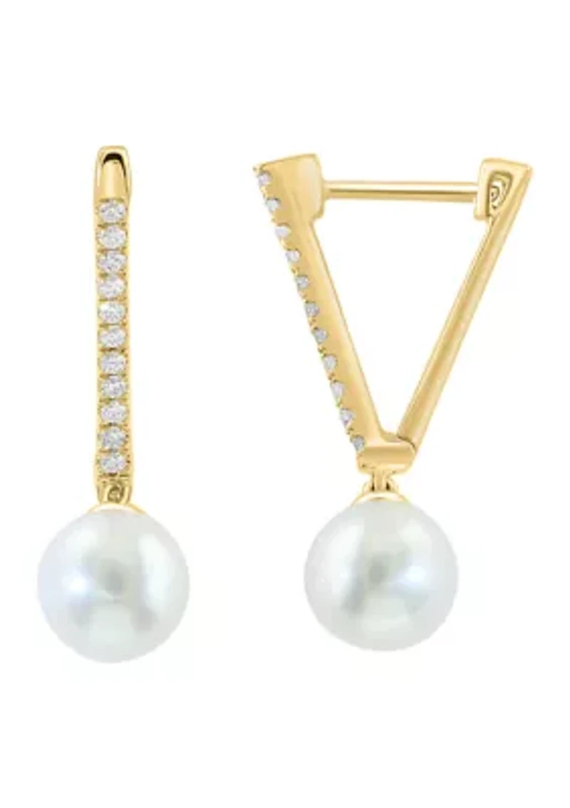 14K Yellow Gold Diamond, Freshwater Pearl Earrings