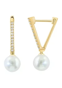 14K Yellow Gold Diamond, Freshwater Pearl Earrings 