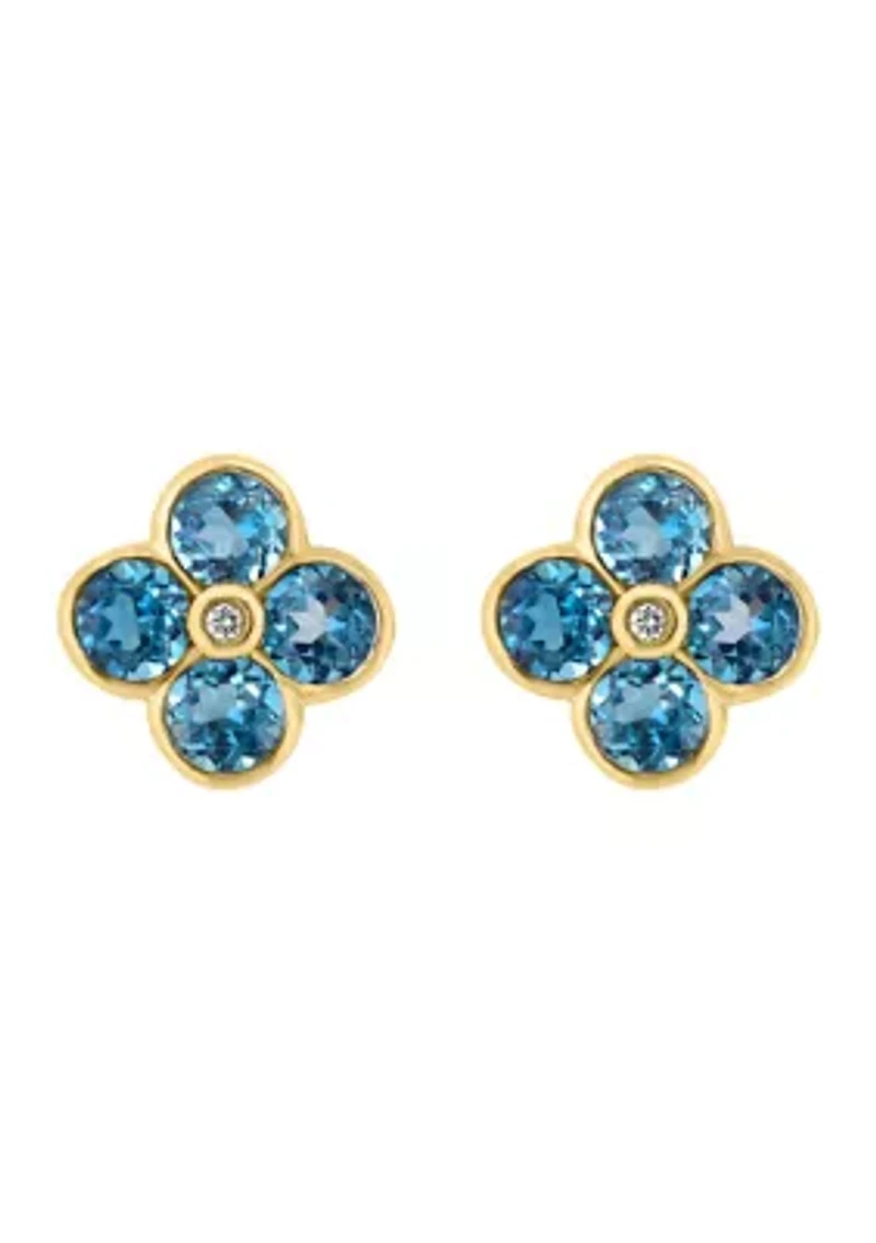 Diamond and London Blue Topaz Flower Stud Earrings in 14K Yellow Gold