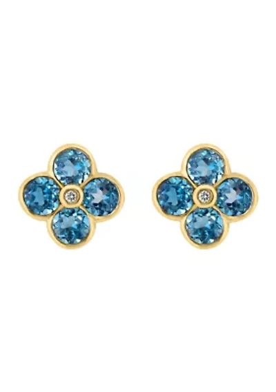 Diamond and London Blue Topaz Flower Stud Earrings in 14K Yellow Gold