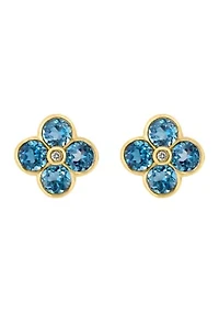 Diamond and London Blue Topaz Flower Stud Earrings in 14K Yellow Gold