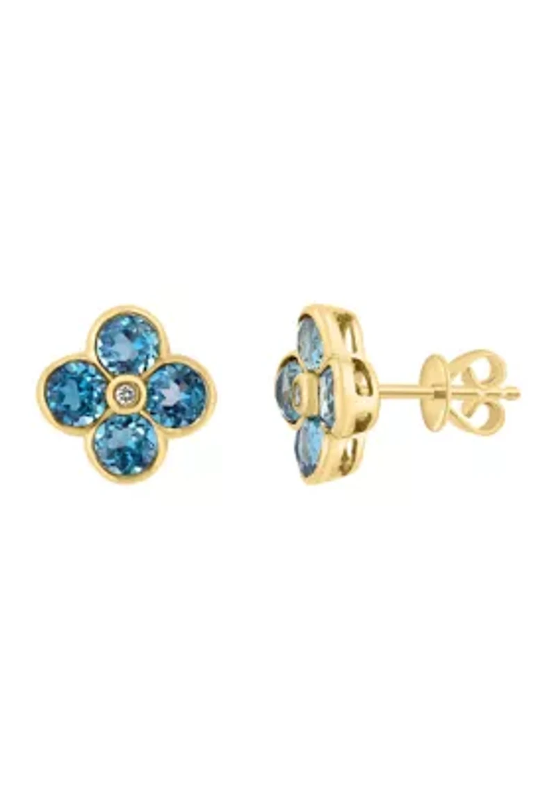 Diamond and London Blue Topaz Flower Stud Earrings in 14K Yellow Gold