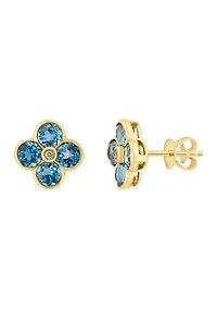 Diamond and London Blue Topaz Flower Stud Earrings in 14K Yellow Gold