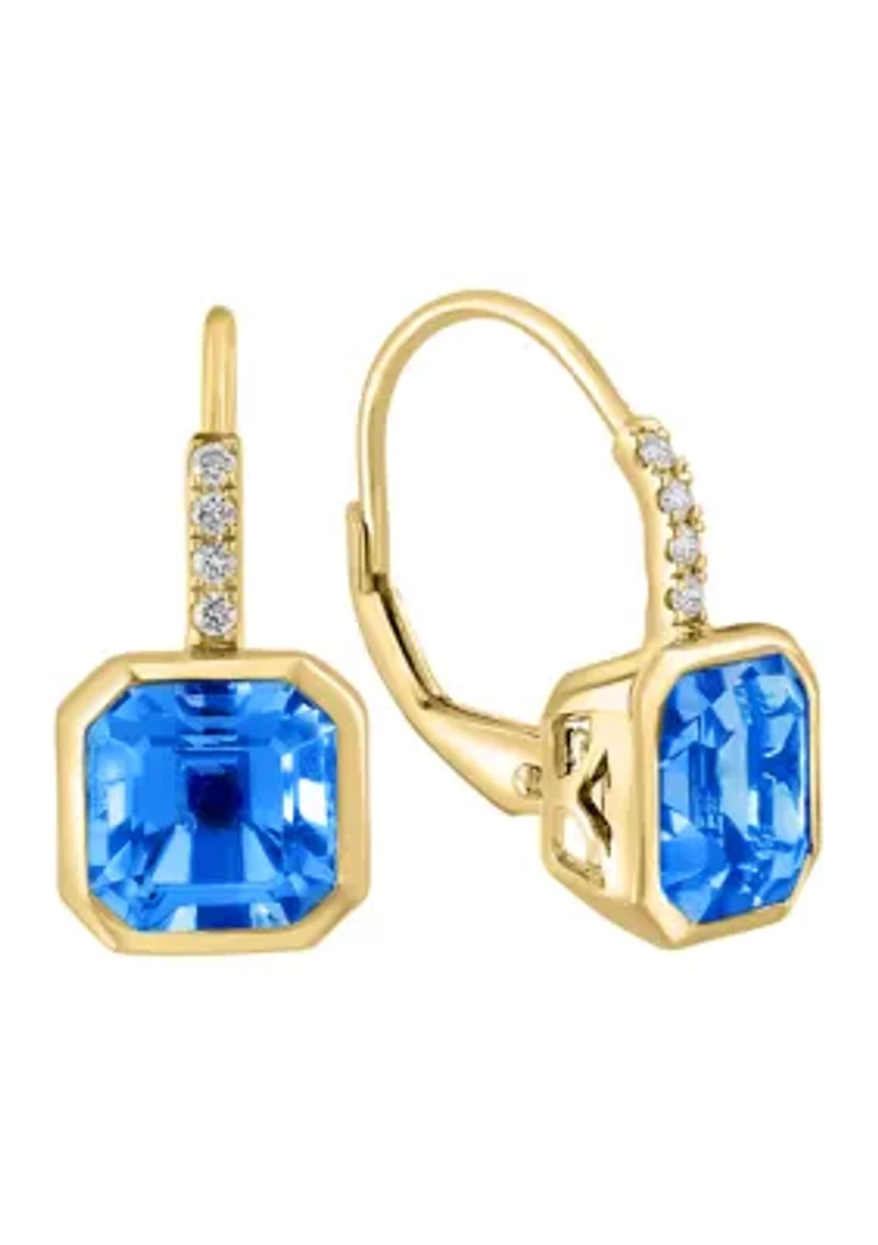 Diamond and Blue Topaz Earrings in 14K Yellow Gold
