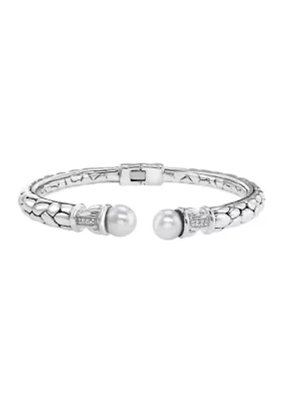 White Sapphire and Freshwater Pearl Bangle in Sterling Silver 