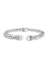 White Sapphire and Freshwater Pearl Bangle in Sterling Silver 