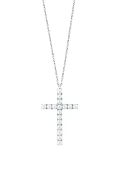 Freshwater Pearl Cross Pendant Necklace in Sterling Silver 