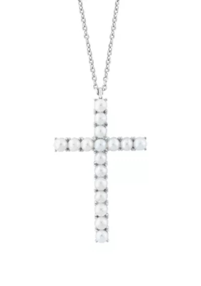 Freshwater Pearl Cross Pendant Necklace in Sterling Silver 