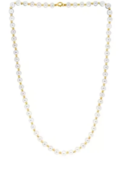Freshwater Pearl and Gold Bead Necklace in 14K Yellow Gold