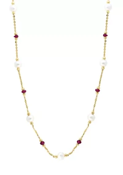 Freshwater Pearl and Ruby Necklace in 14K Yellow Gold