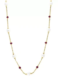 Freshwater Pearl and Ruby Necklace in 14K Yellow Gold