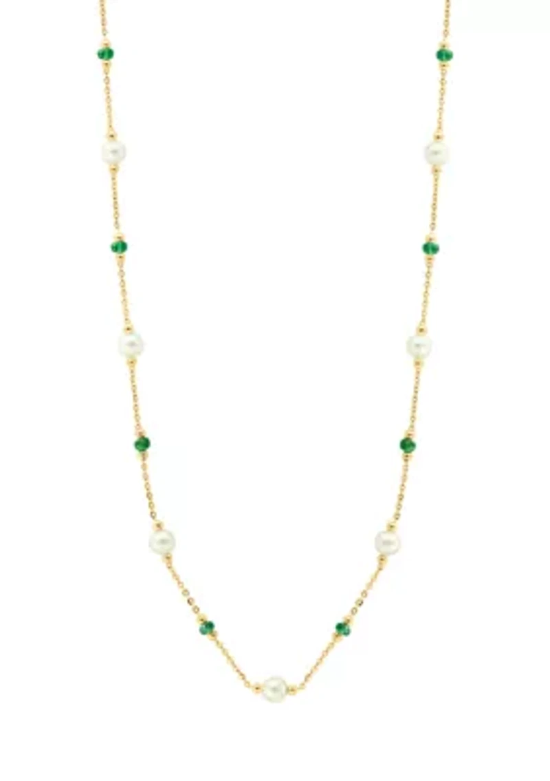 14K Yellow Gold Emerald, Freshwater Pearl Necklace