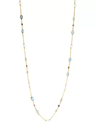 Blue Topaz, Rhodolite, Freshwater Pearl and Peridot Necklace in 14K Yellow Gold