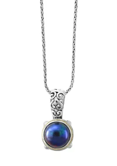 Black Freshwater Pearl Pendant Necklace in Sterling Silver and 18K Yellow Gold