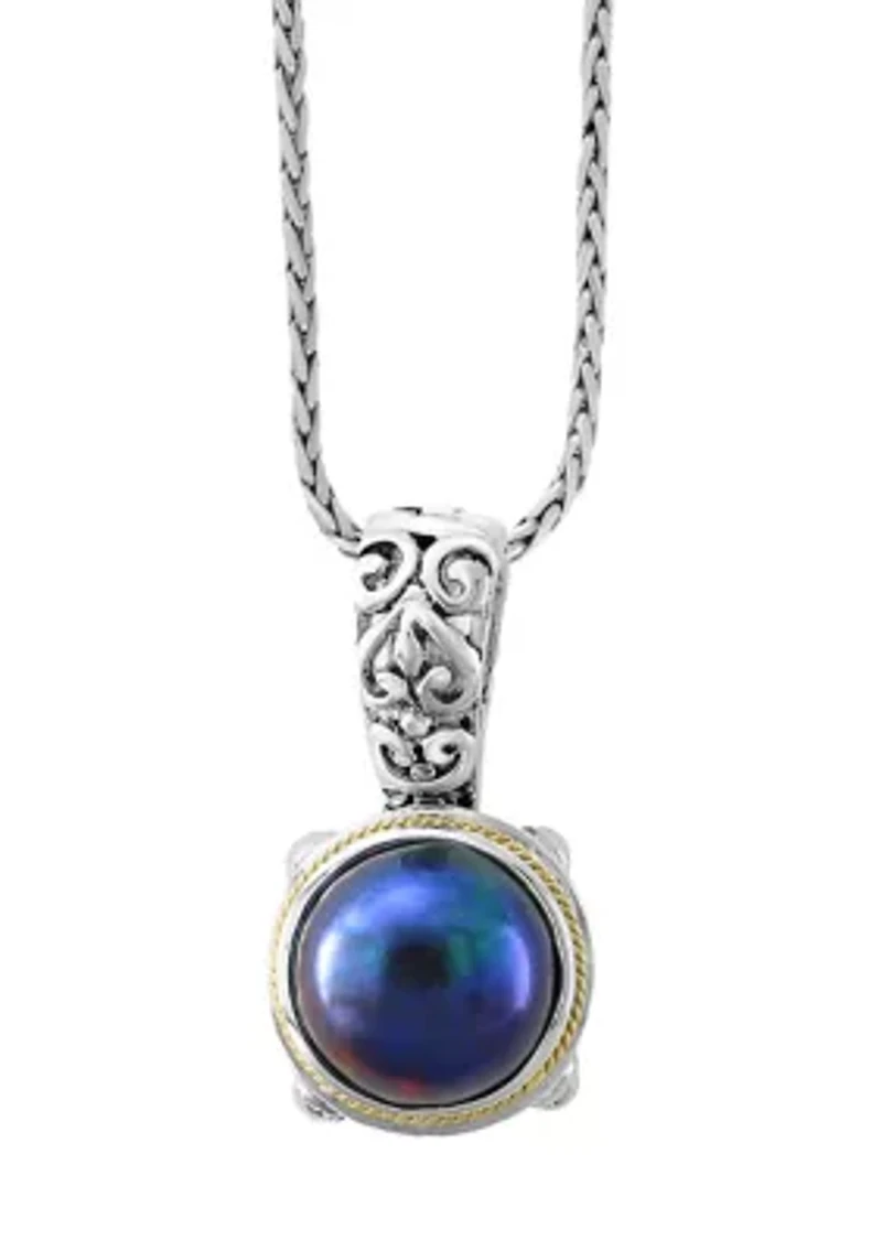 Black Freshwater Pearl Pendant Necklace in Sterling Silver and 18K Yellow Gold