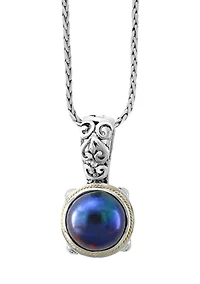 Black Freshwater Pearl Pendant Necklace in Sterling Silver and 18K Yellow Gold