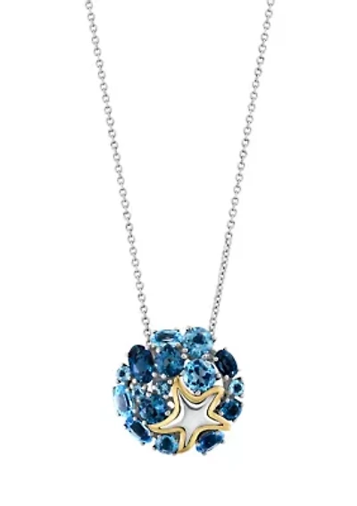 Blue Topaz Starfish Cluster Pendant Necklace in 18K Sterling Silver