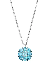Blue Topaz, London Blue Topaz, Sky Blue Topaz Cluster Flower Pendant Necklace In Sterling Silver 