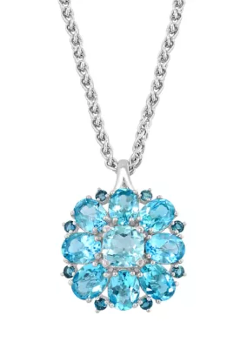 Blue Topaz, London Blue Topaz, Sky Blue Topaz Cluster Flower Pendant Necklace In Sterling Silver 