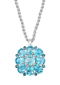 Blue Topaz, London Blue Topaz, Sky Blue Topaz Cluster Flower Pendant Necklace In Sterling Silver 