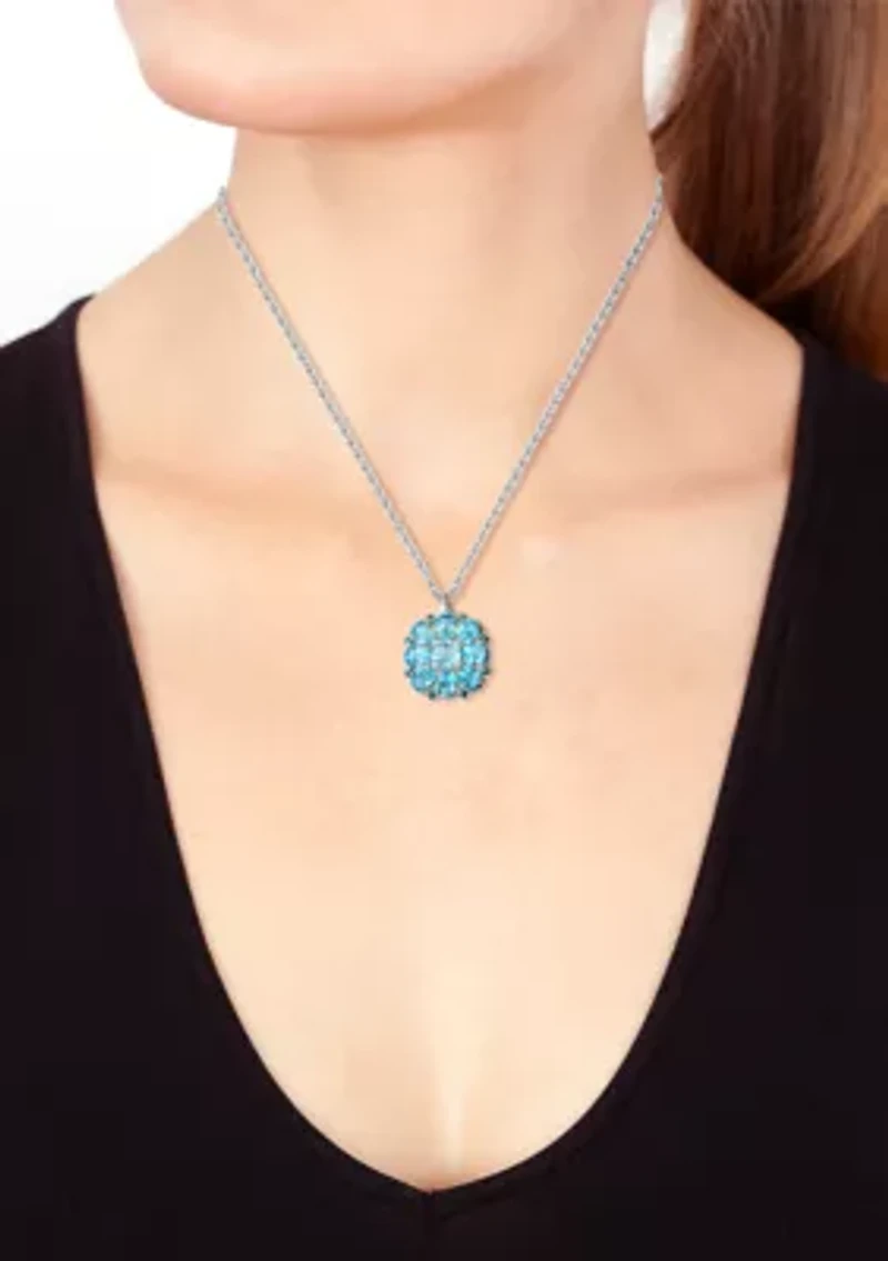 Blue Topaz, London Blue Topaz, Sky Blue Topaz Cluster Flower Pendant Necklace In Sterling Silver 