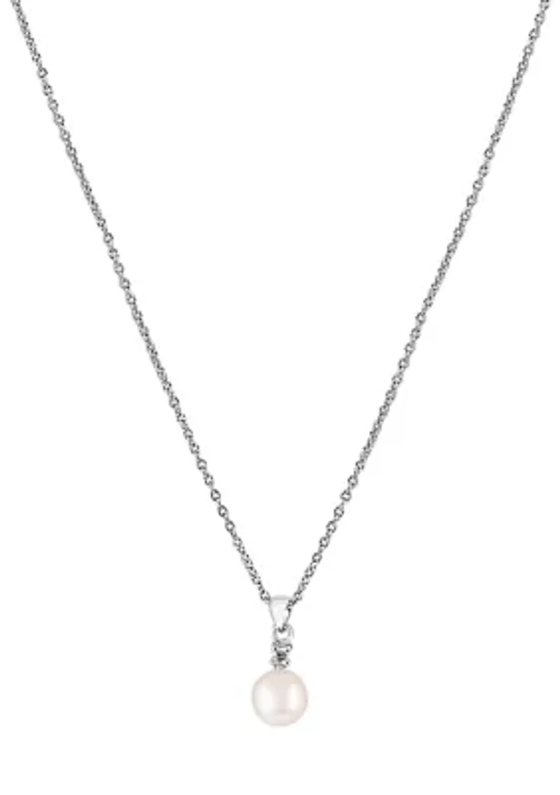 Sterling Silver Freshwater Pearl and Diamond Pendant Necklace