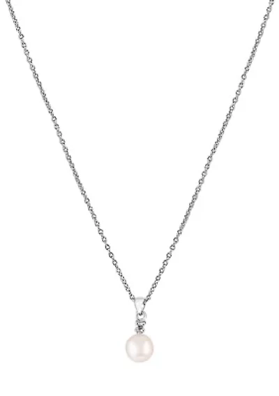 Sterling Silver Freshwater Pearl and Diamond Pendant Necklace 