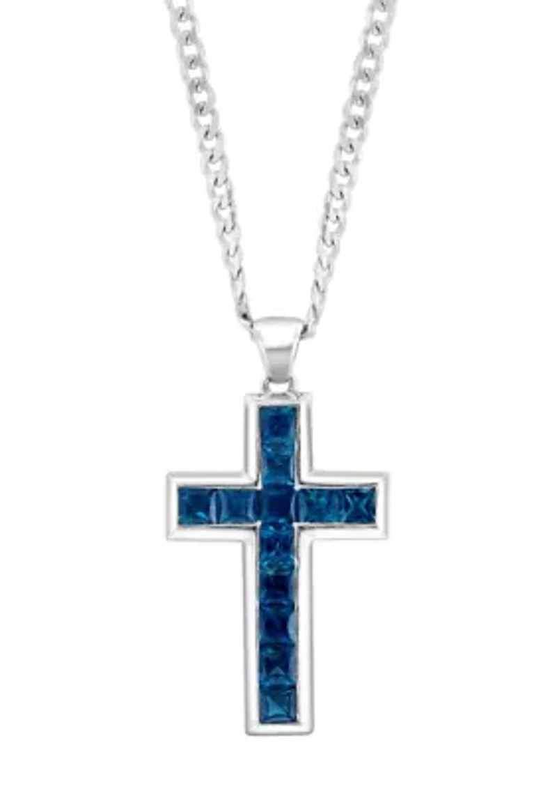 Men's 925 Sterling Silver London Blue Topaz Cross Necklace