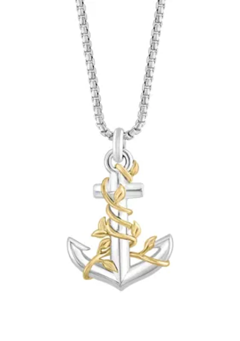Men's Anchor Pendant Necklace in Sterling Silver and 18K Yellow Gold Plated Metal