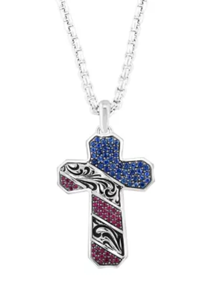 925 Sterling Silver Ruby and Sapphire Men's USA Cross Pendant 