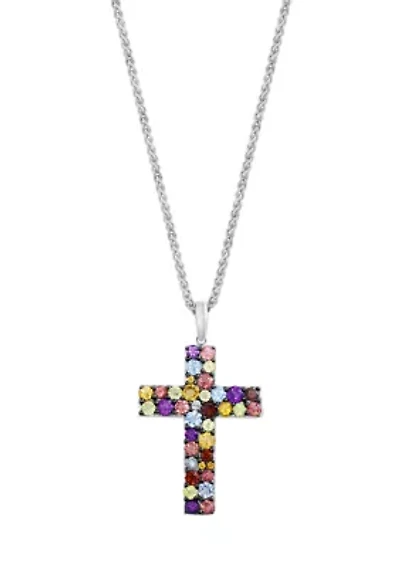 Multi-Stone Cross Necklace in Sterling Silver