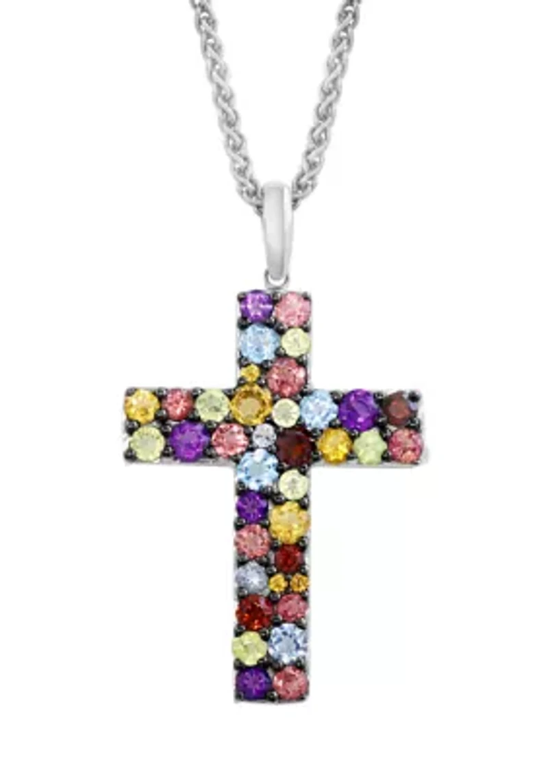 Multi-Stone Cross Necklace in Sterling Silver