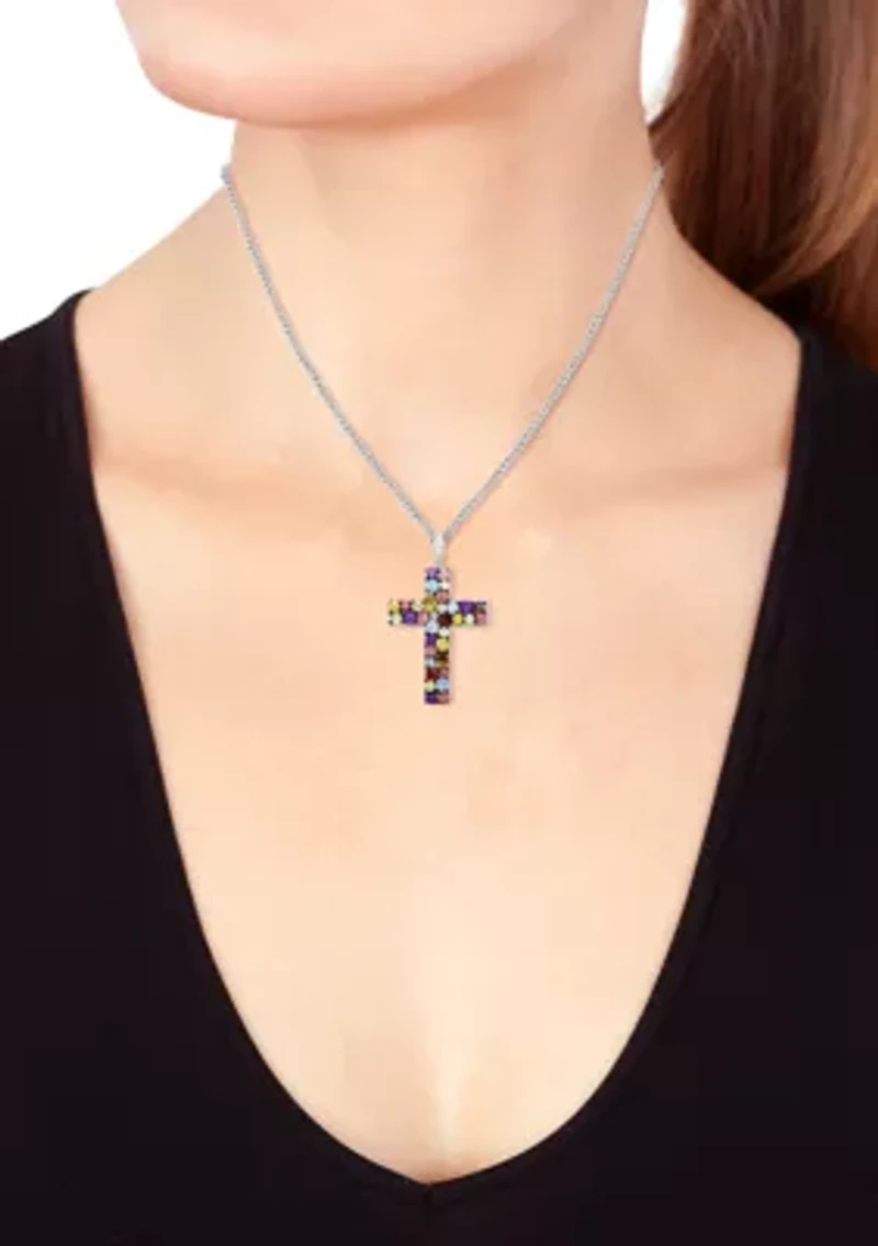Multi-Stone Cross Necklace in Sterling Silver