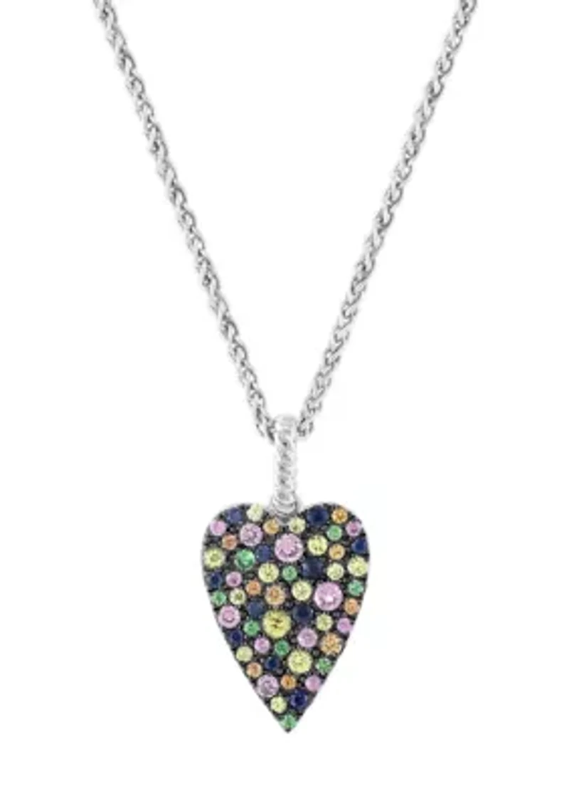 Sterling Silver Mixed Sapphire and Tsavorite Heart Pendant Necklace 