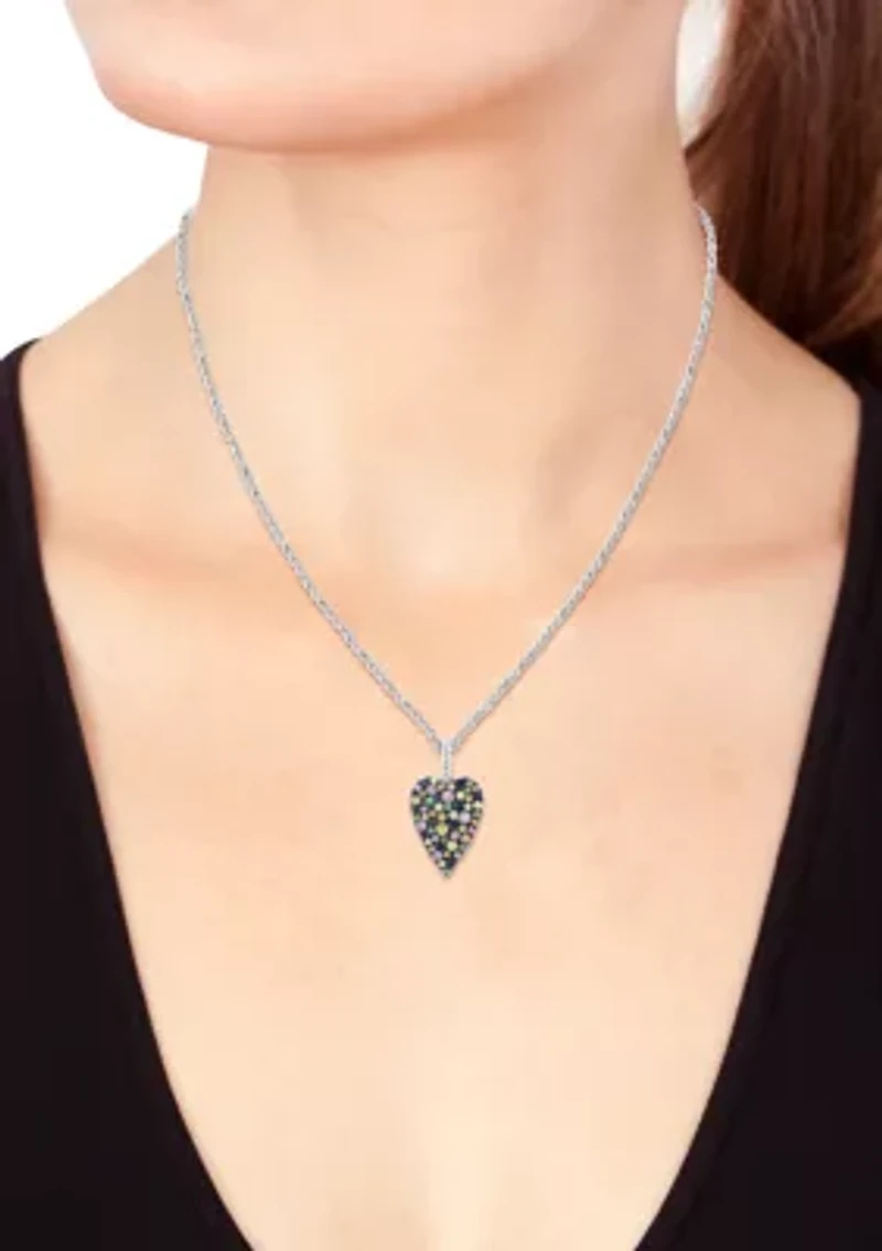 Sterling Silver Mixed Sapphire and Tsavorite Heart Pendant Necklace 
