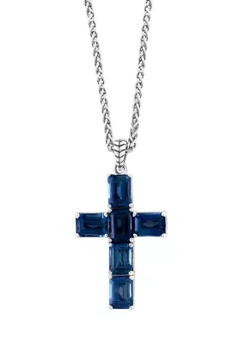 Blue Topaz Cross Pendant Necklace in Sterling Silver