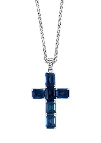 Blue Topaz Cross Pendant Necklace in Sterling Silver