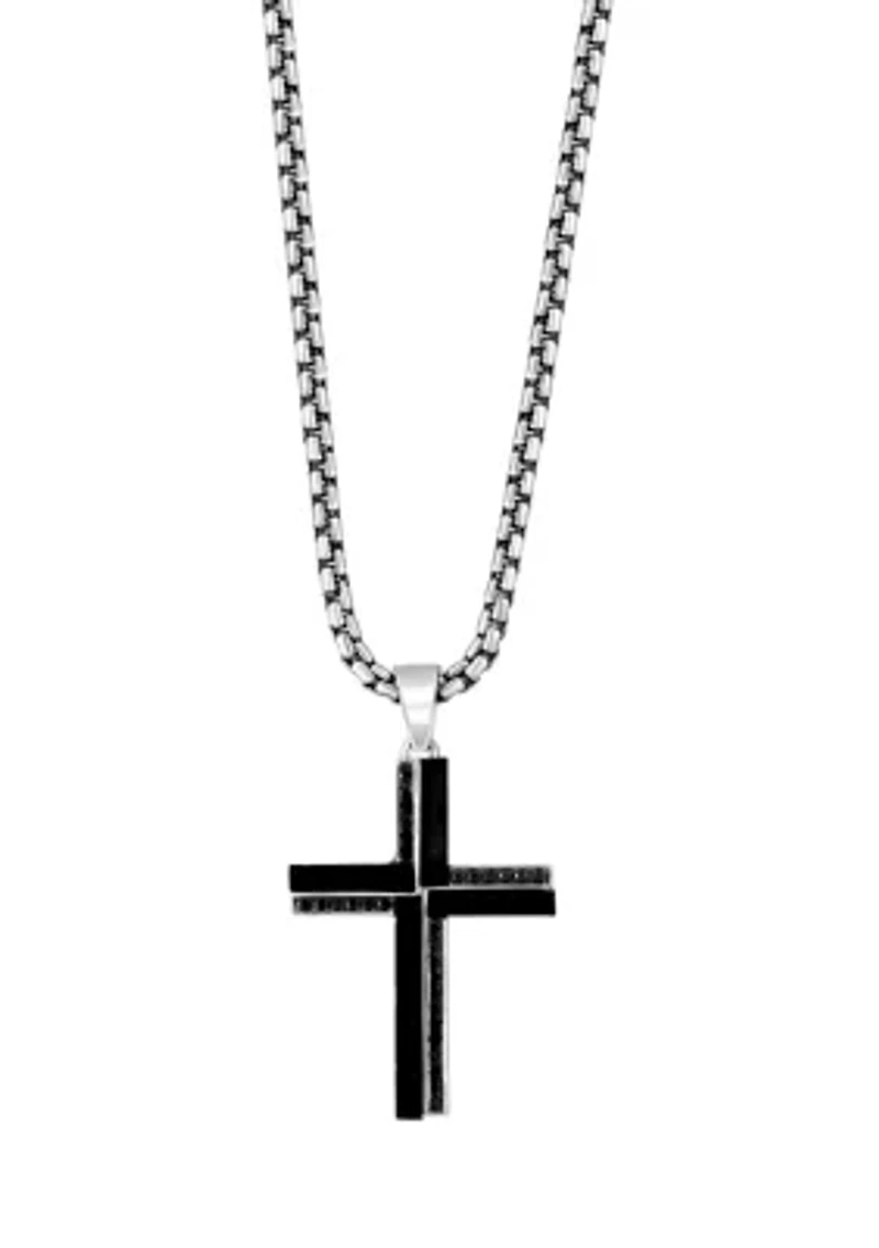 Men's Onyx and Black Spinel Cross Pendant Necklace in Sterling Silver
